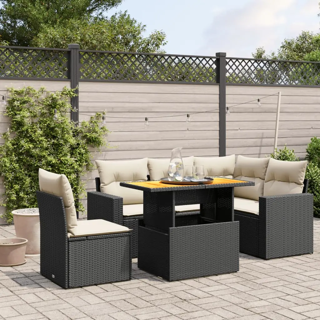 Set Divano da Giardino 6 pz con Cuscini Nero in Polyrattan