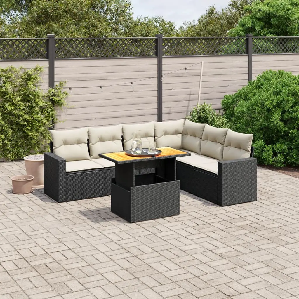 Set Divani da Giardino con Cuscini 7pz Nero Polyrattan