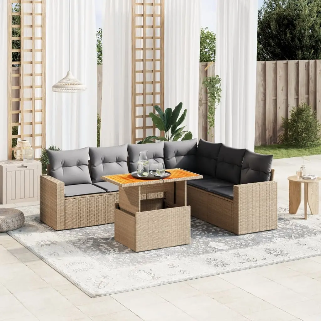 Set Divani da Giardino 7 pz con Cuscini Beige in Polyrattan