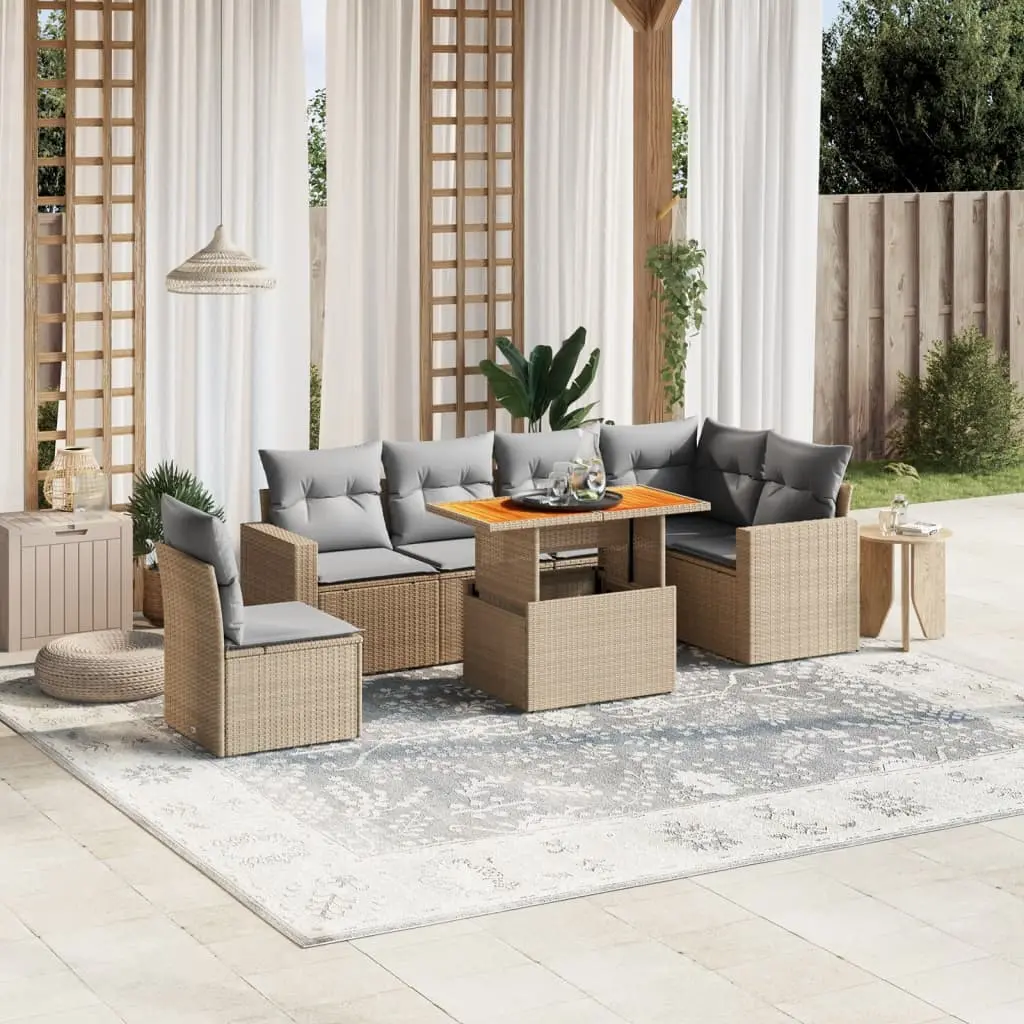 Set Divani da Giardino 7 pz con Cuscini Beige in Polyrattan