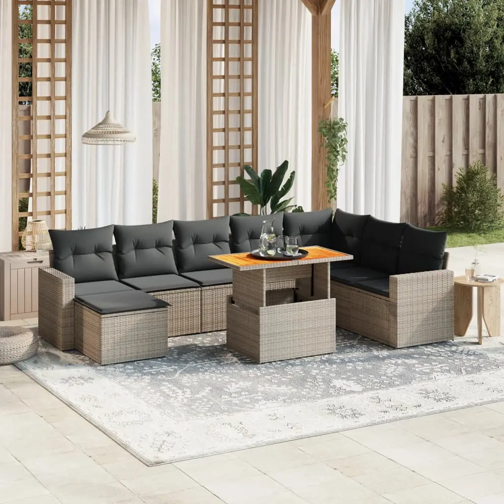 Set Divano da Giardino 9 pz con Cuscini Grigio in Polyrattan