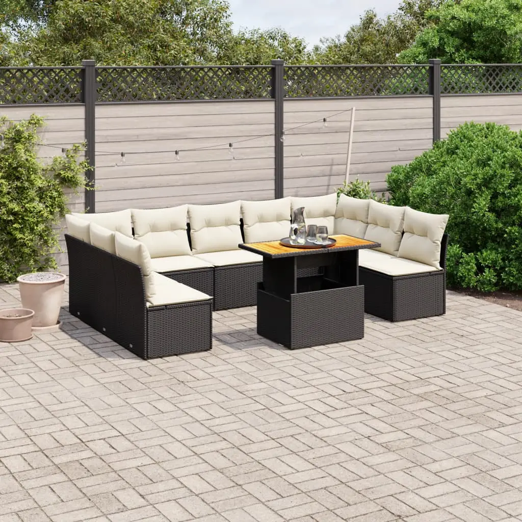 Set Divani da Giardino 10pz con Cuscini in Polyrattan Nero