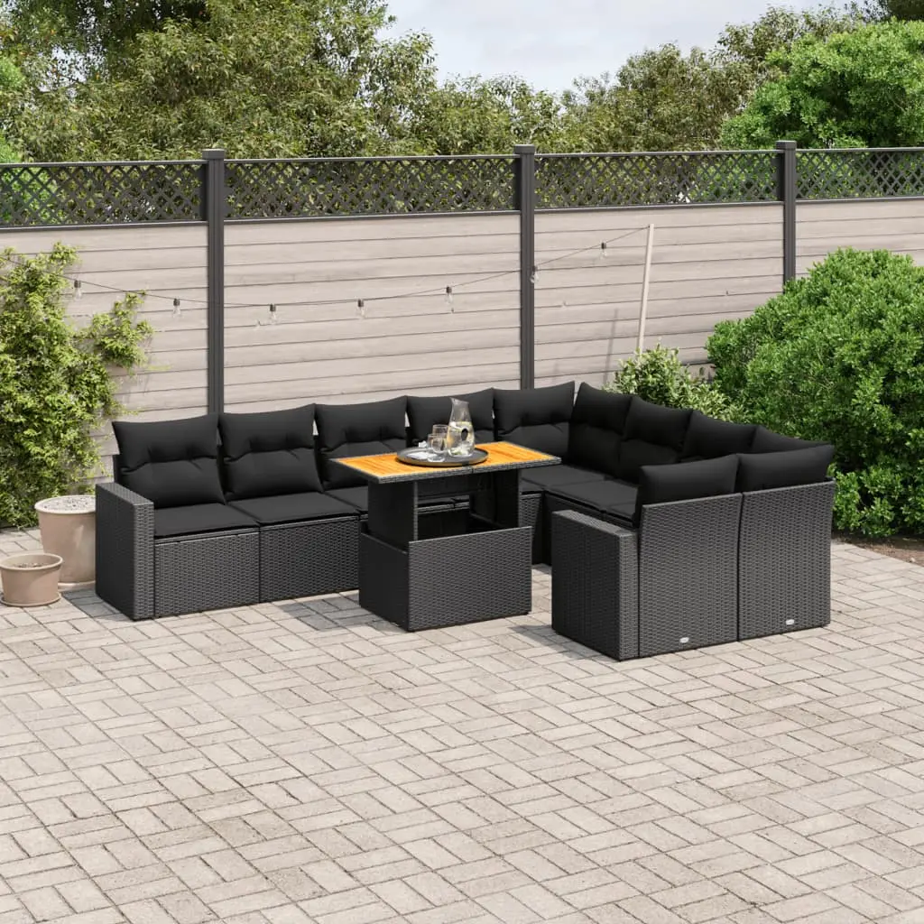 Set Divani da Giardino 10pz con Cuscini in Polyrattan Nero