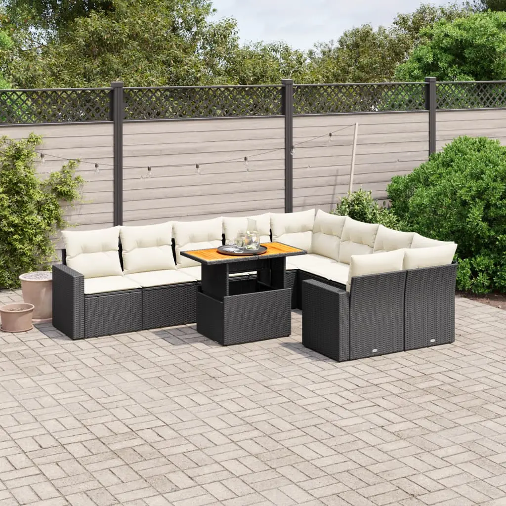 Set Divani da Giardino 10pz con Cuscini in Polyrattan Nero