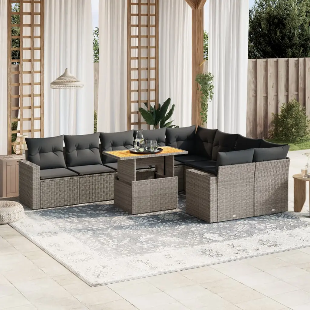 Set Divano da Giardino 10 pz con Cuscini Grigio in Polyrattan