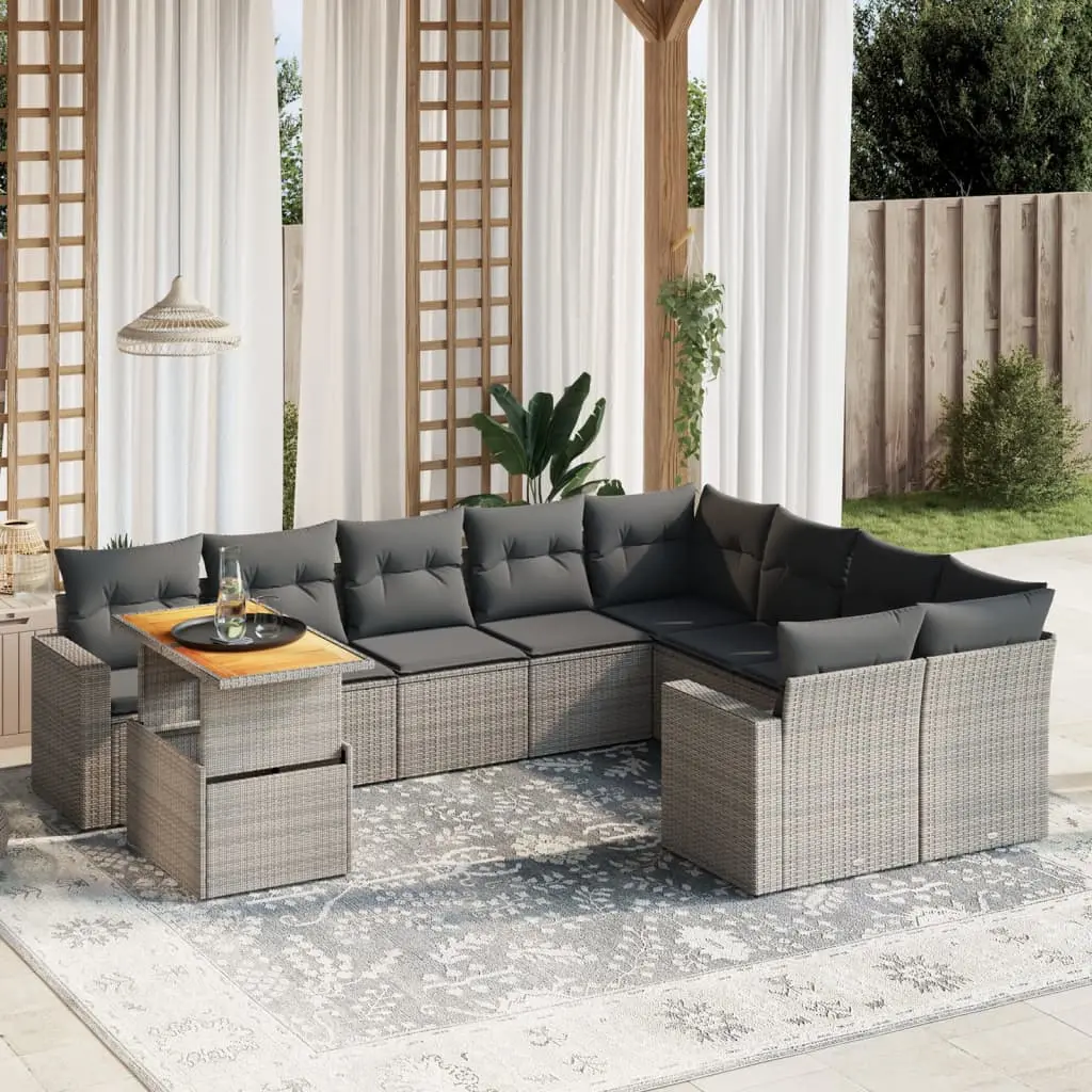 Set Divano da Giardino 10 pz con Cuscini Grigio in Polyrattan