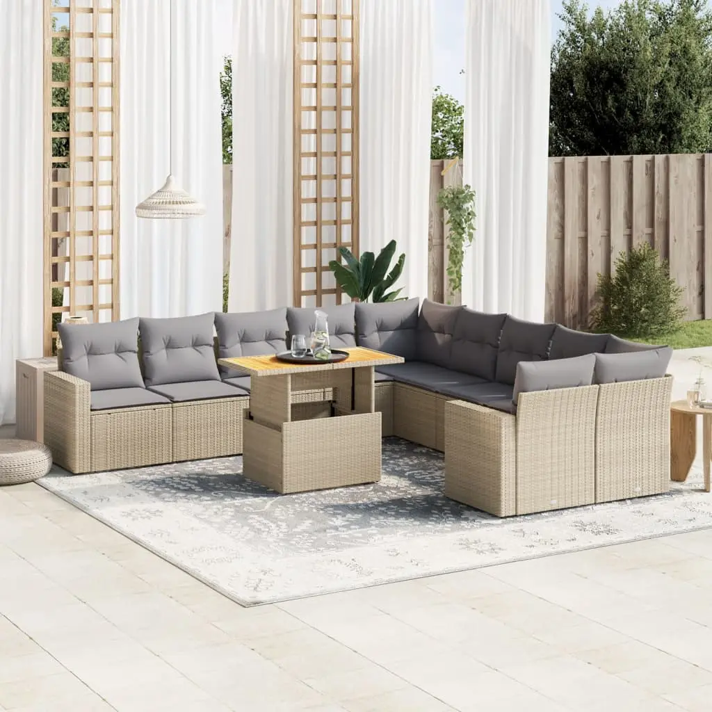 Set Divani da Giardino 11 pz con Cuscini Beige in Polyrattan