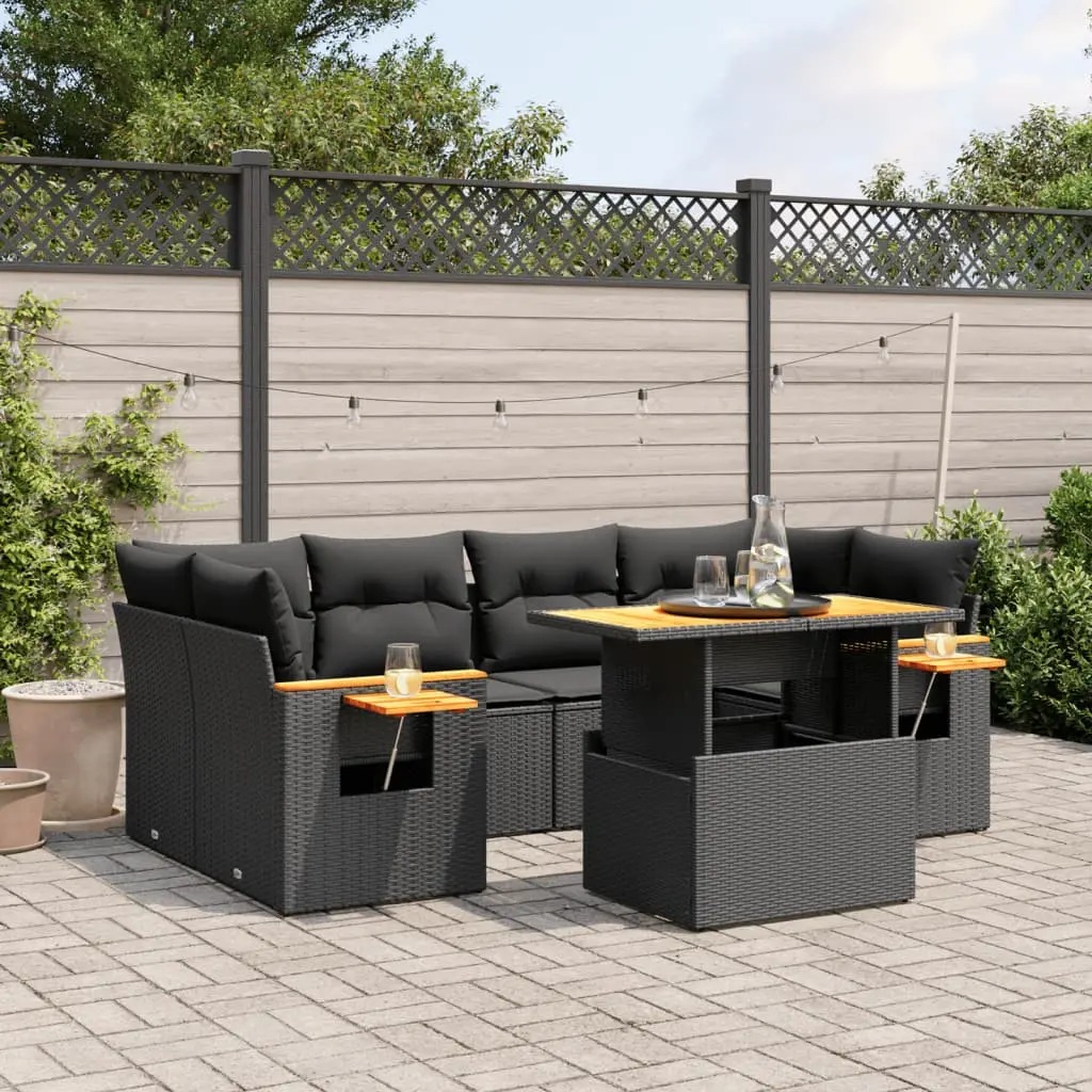 Set Divani da Giardino con Cuscini 7pz Nero Polyrattan