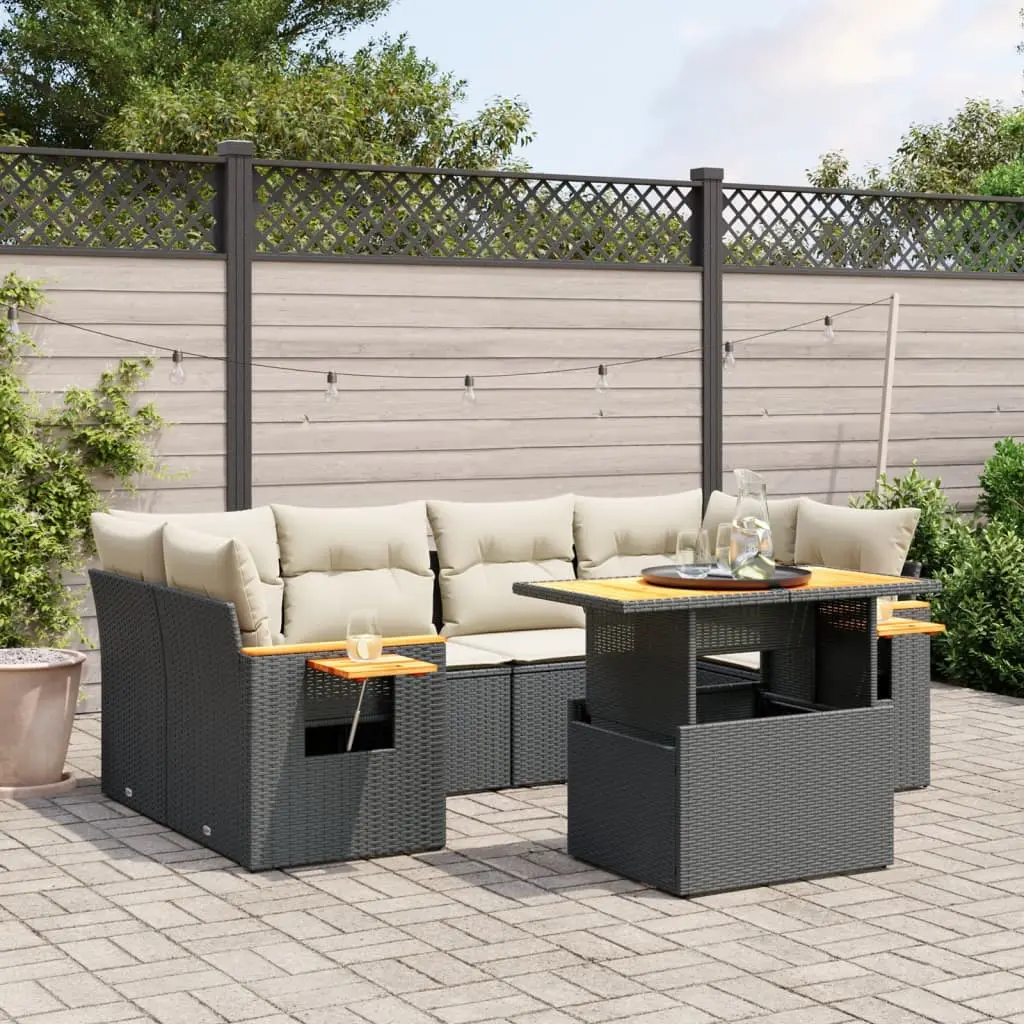 Set Divani da Giardino con Cuscini 7pz Nero Polyrattan