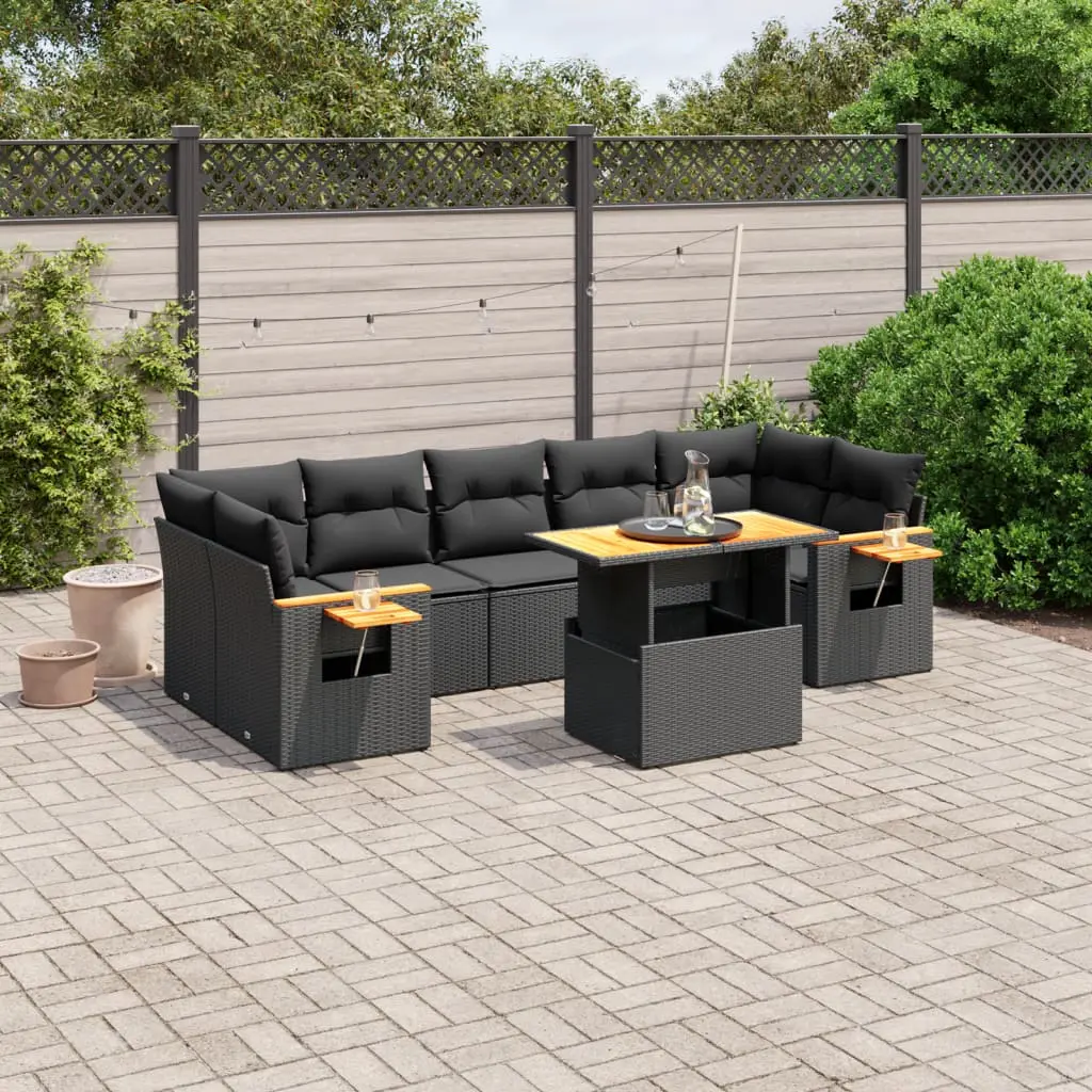 Set Divani da Giardino con Cuscini 8 pz Nero in Polyrattan