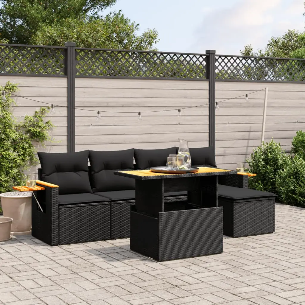 Set Divano da Giardino 6 pz con Cuscini Nero in Polyrattan