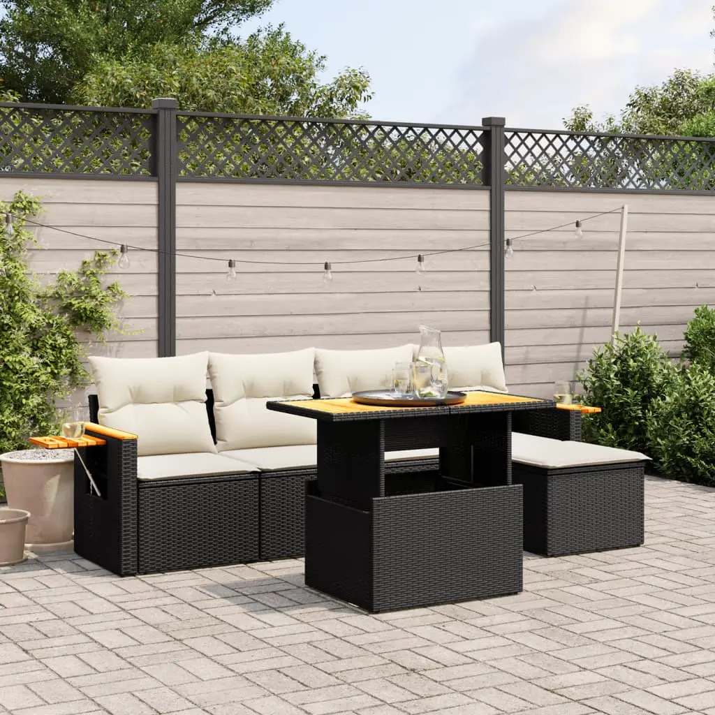 Set Divano da Giardino 6 pz con Cuscini Nero in Polyrattan