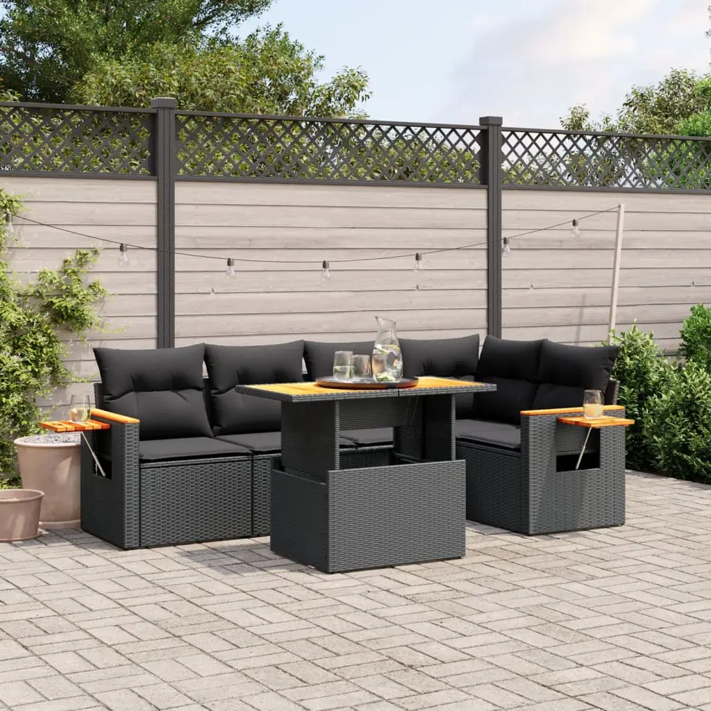 Set Divano da Giardino 6 pz con Cuscini Nero in Polyrattan