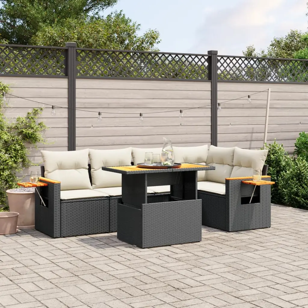 Set Divano da Giardino 6 pz con Cuscini Nero in Polyrattan