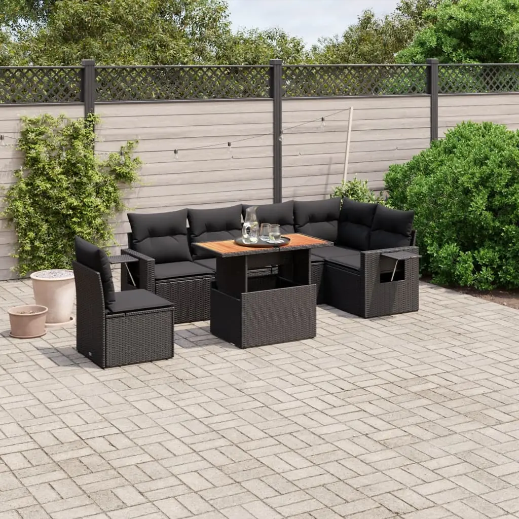 Set Divani da Giardino con Cuscini 7pz Nero Polyrattan