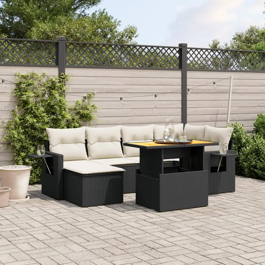 Set Divani da Giardino con Cuscini 7pz Nero Polyrattan