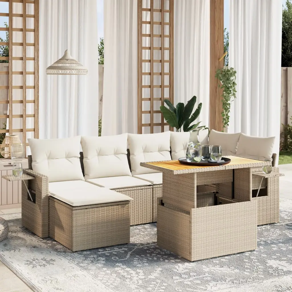 Set Divani da Giardino 7 pz con Cuscini Beige in Polyrattan