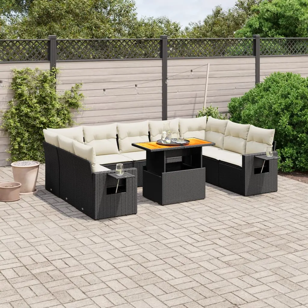 Set Divani da Giardino 10pz con Cuscini in Polyrattan Nero