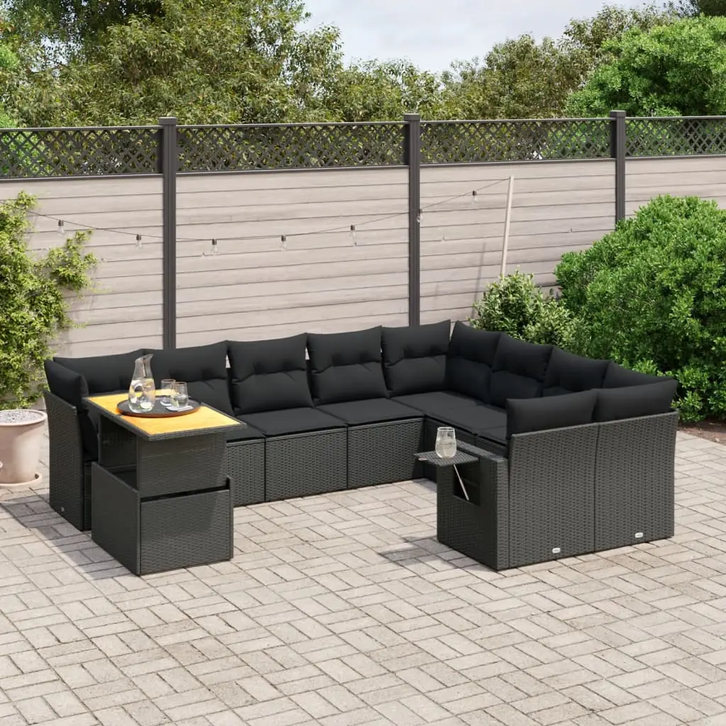 Set Divani da Giardino 10pz con Cuscini in Polyrattan Nero