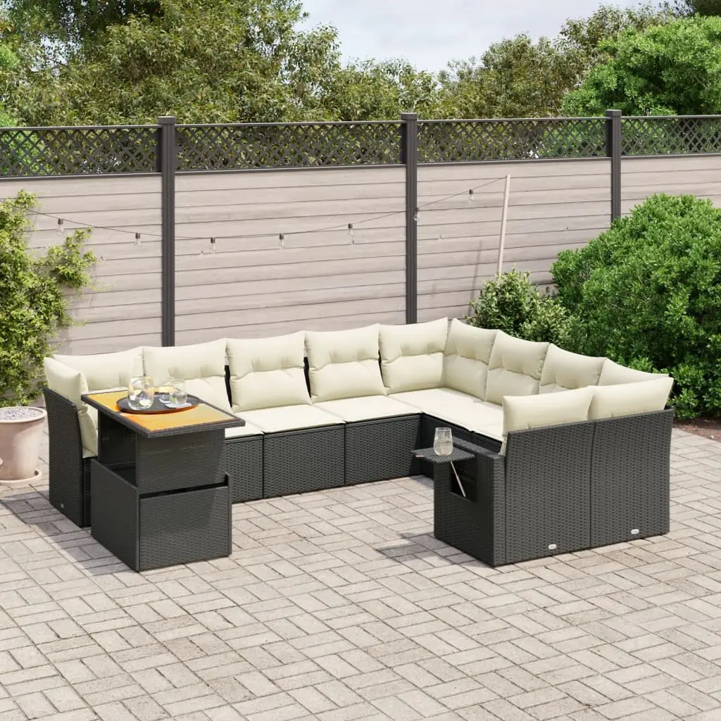 Set Divani da Giardino 10pz con Cuscini in Polyrattan Nero