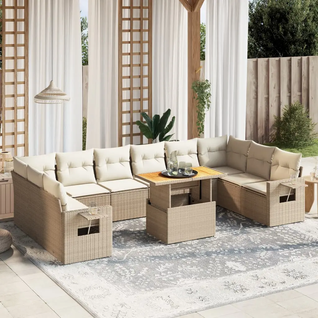 Set Divani da Giardino 11 pz con Cuscini Beige in Polyrattan