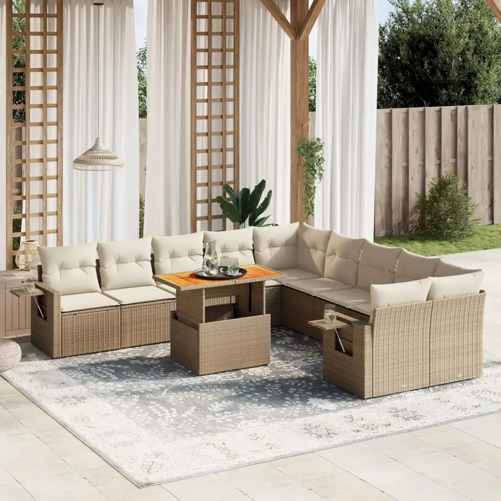 Set Divani da Giardino 11 pz con Cuscini Beige in Polyrattan