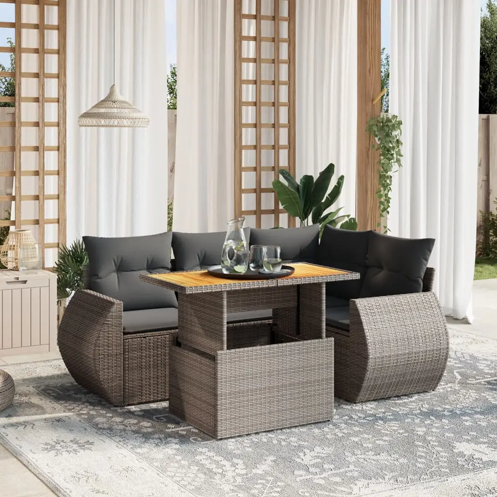 Set Divano da Giardino 5 pz con Cuscini Grigio in Polyrattan