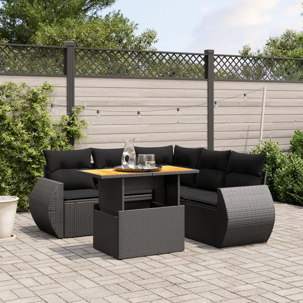 Set Divano da Giardino 6 pz con Cuscini Nero in Polyrattan