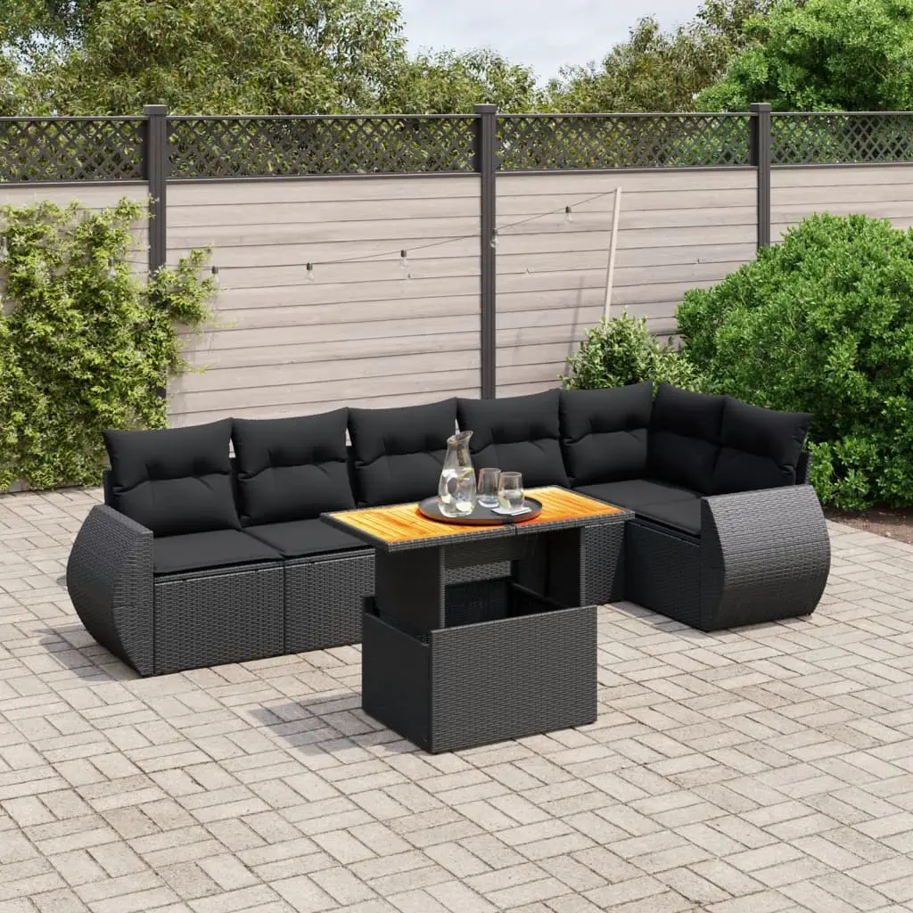 Set Divani da Giardino con Cuscini 7pz Nero Polyrattan