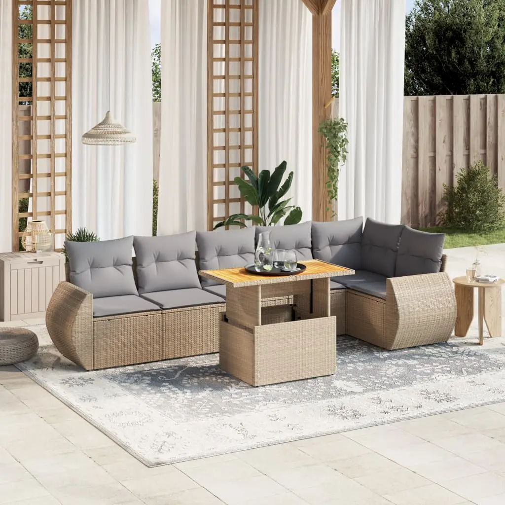 Set Divani da Giardino 7 pz con Cuscini Beige in Polyrattan