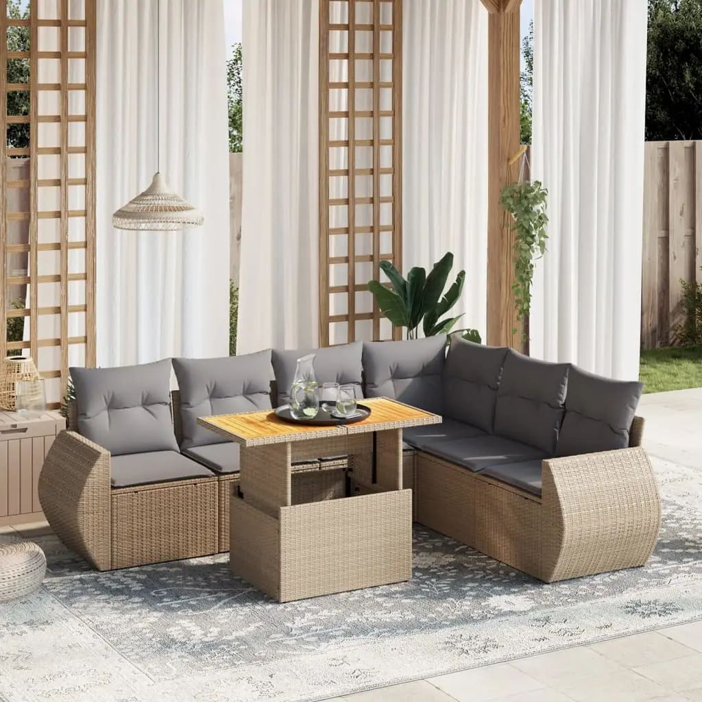 Set Divani da Giardino 7 pz con Cuscini Beige in Polyrattan