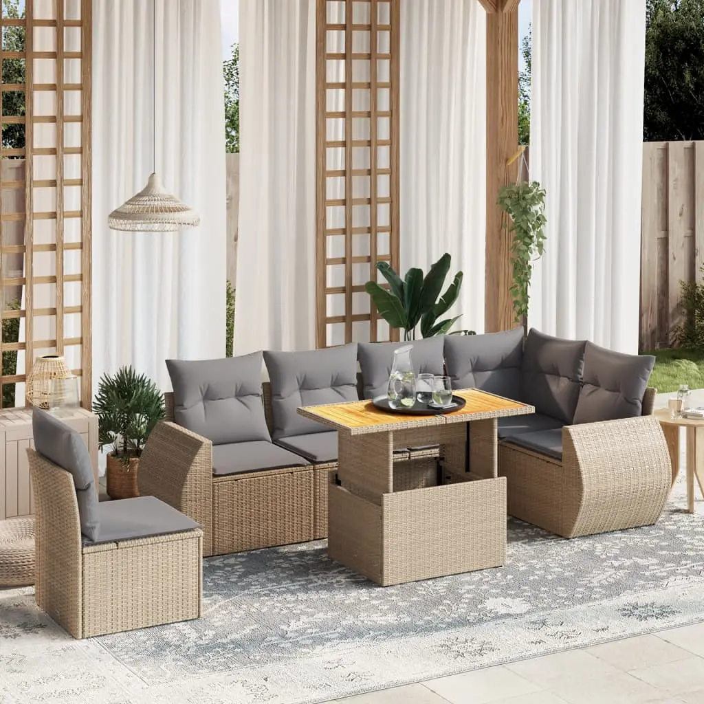 Set Divani da Giardino 7 pz con Cuscini Beige in Polyrattan