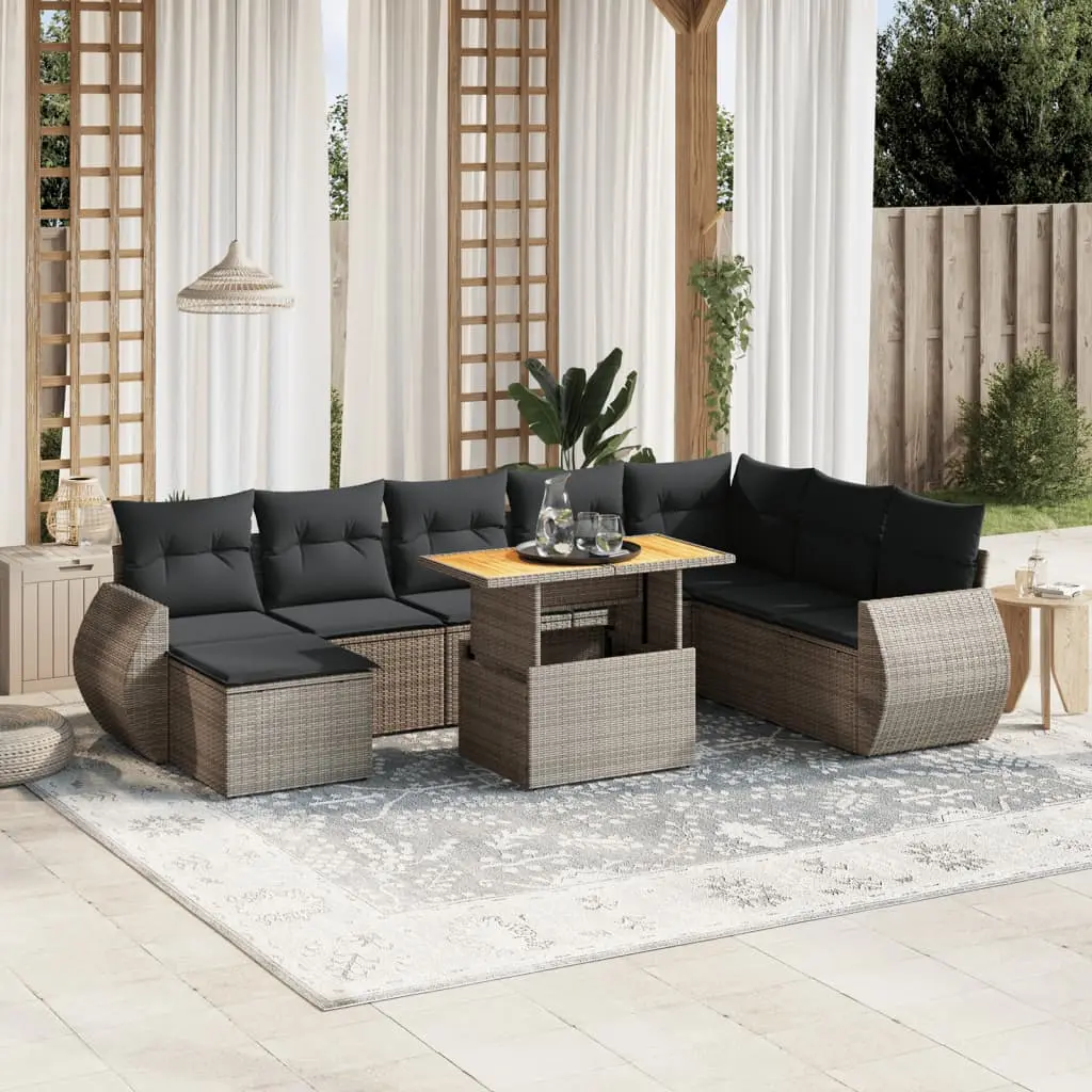 Set Divano da Giardino 9 pz con Cuscini Grigio in Polyrattan