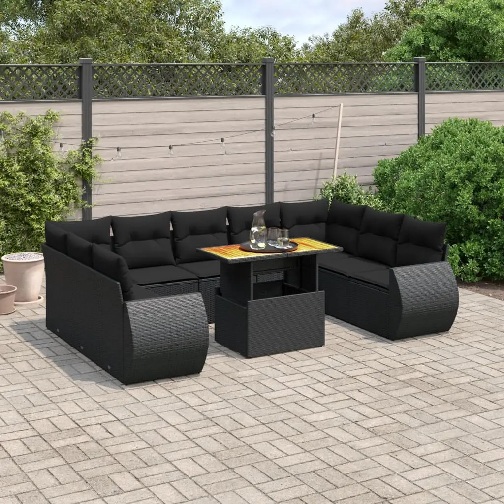 Set Divani da Giardino 10pz con Cuscini in Polyrattan Nero