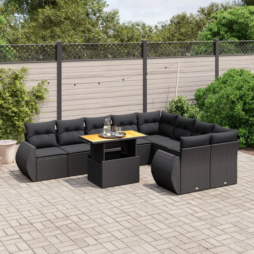 Set Divani da Giardino 10pz con Cuscini in Polyrattan Nero