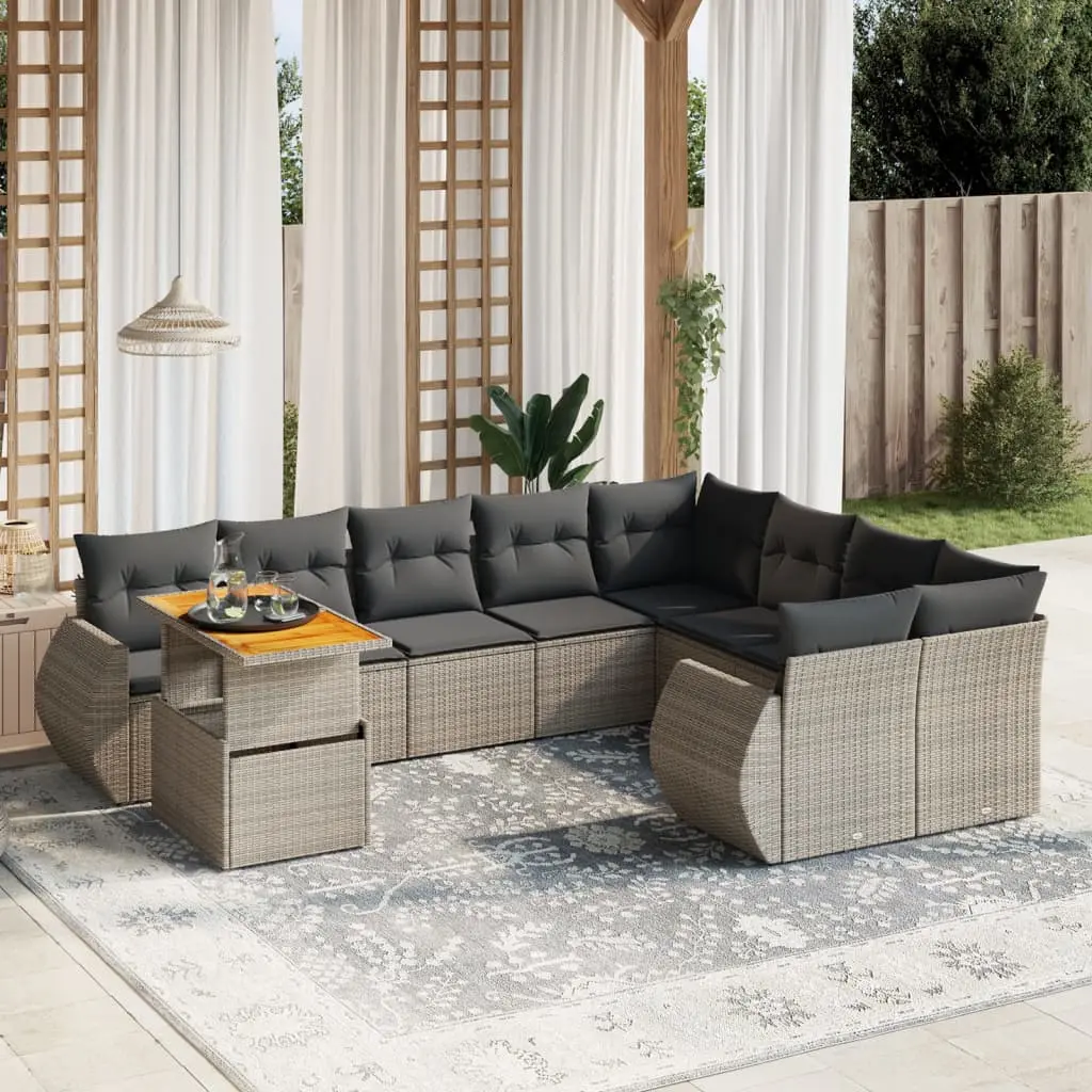 Set Divano da Giardino 10 pz con Cuscini Grigio in Polyrattan