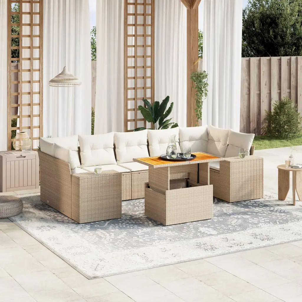 Set Divano da Giardino 8 pz con Cuscini Beige in Polyrattan