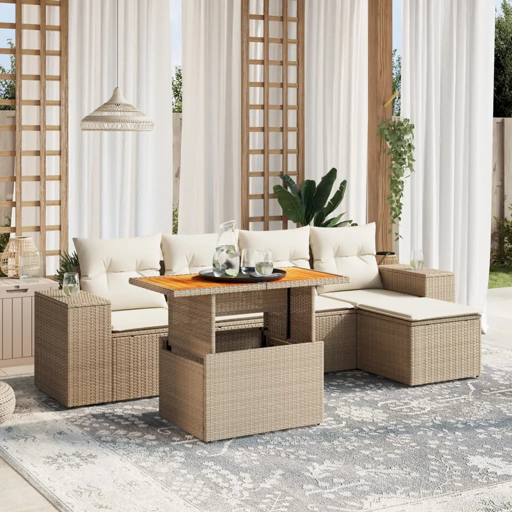 Set Divano da Giardino 6 pz con Cuscini Beige in Polyrattan