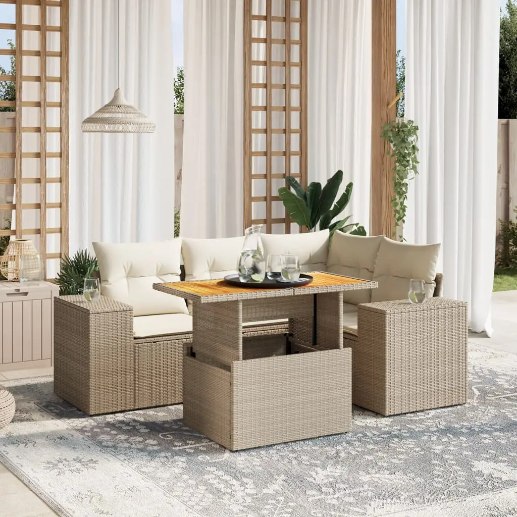 Set Divano da Giardino 5 pz con Cuscini Beige in Polyrattan