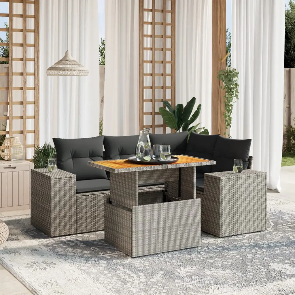 Set Divano da Giardino 5 pz con Cuscini Grigio in Polyrattan