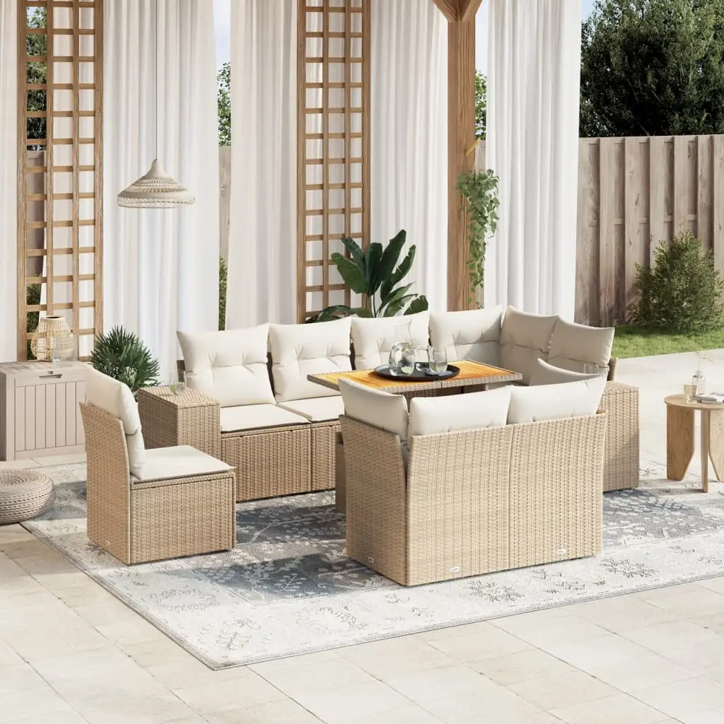 Set Divano da Giardino 9 pz con Cuscini Beige in Polyrattan