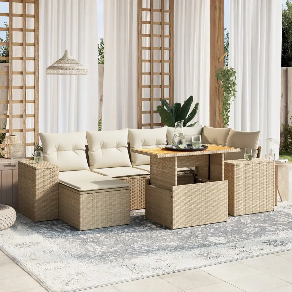 Set Divani da Giardino 7 pz con Cuscini Beige in Polyrattan