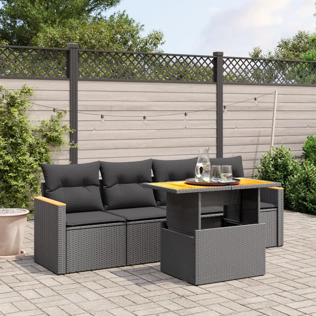 Set Divani da Giardino 5 pz con Cuscini in Polyrattan Nero