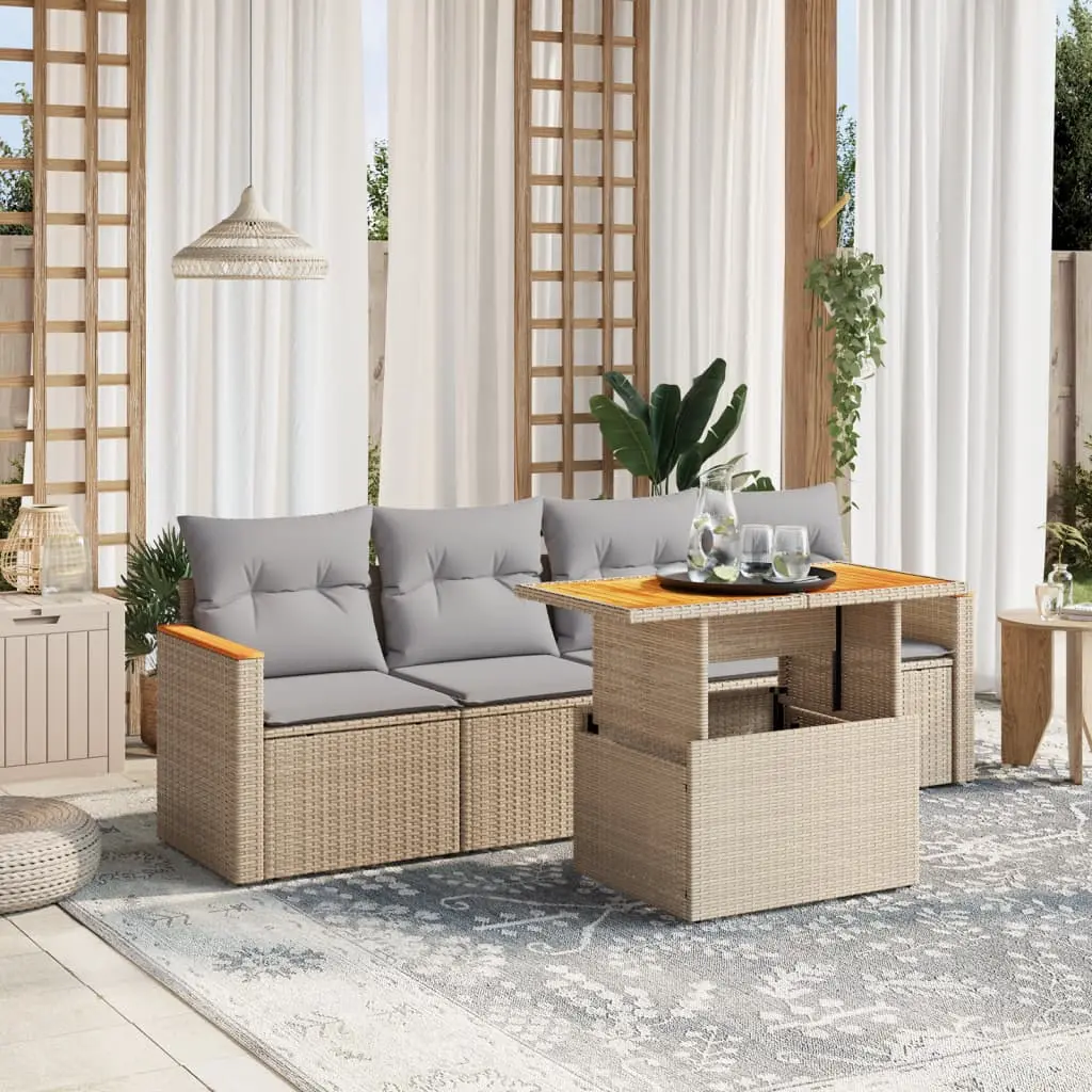 Set Divano da Giardino 5 pz con Cuscini Beige in Polyrattan