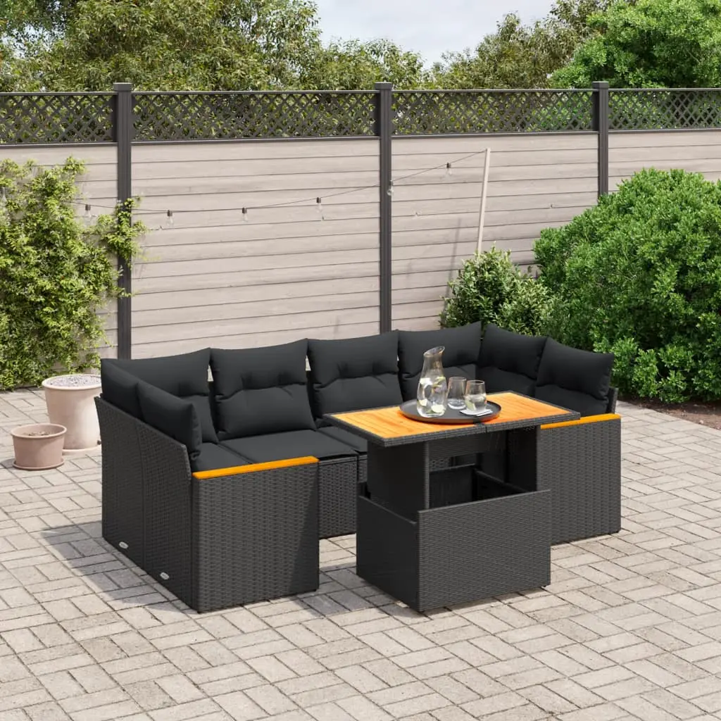 Set Divani da Giardino con Cuscini 7pz Nero Polyrattan