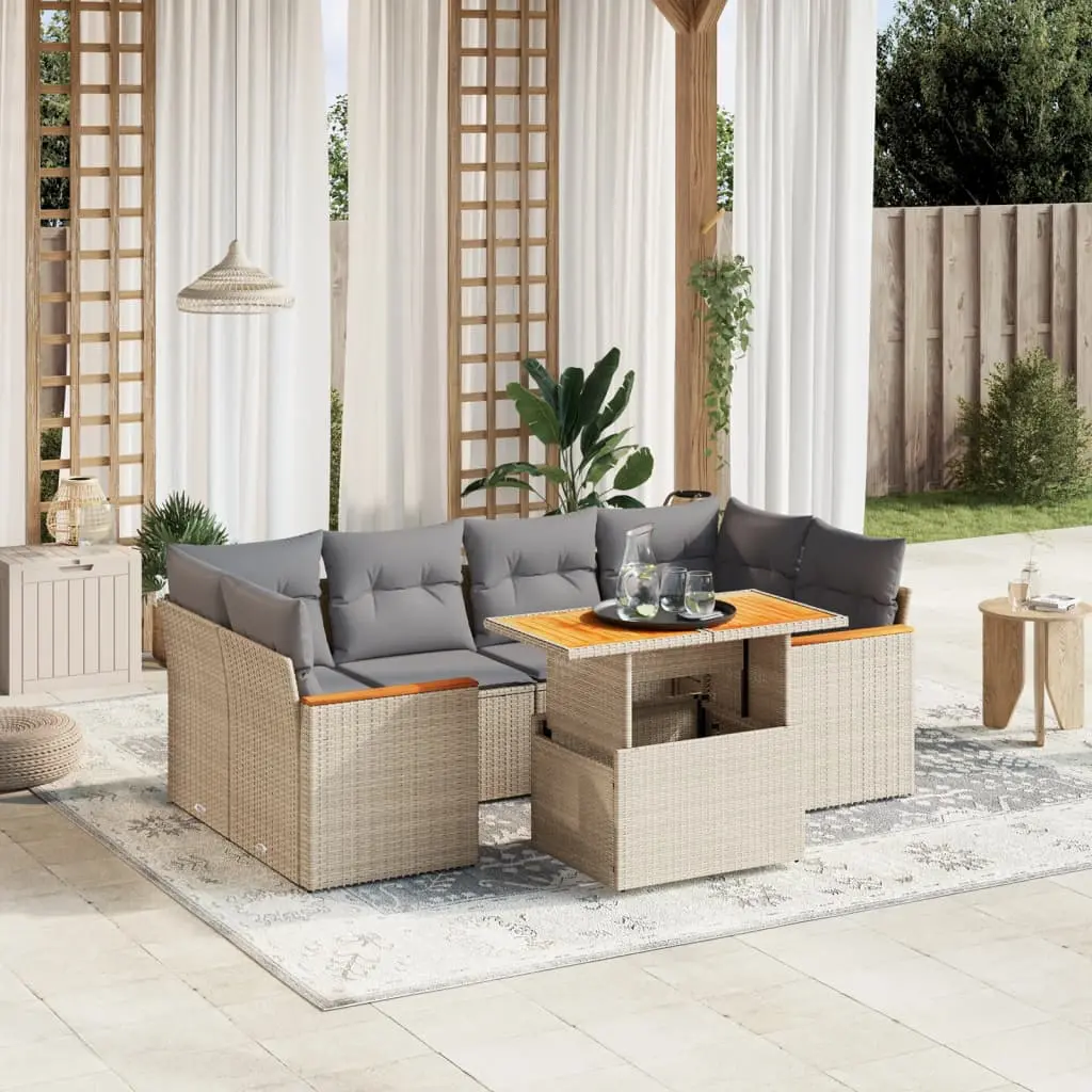 Set Divani da Giardino 7 pz con Cuscini Beige in Polyrattan