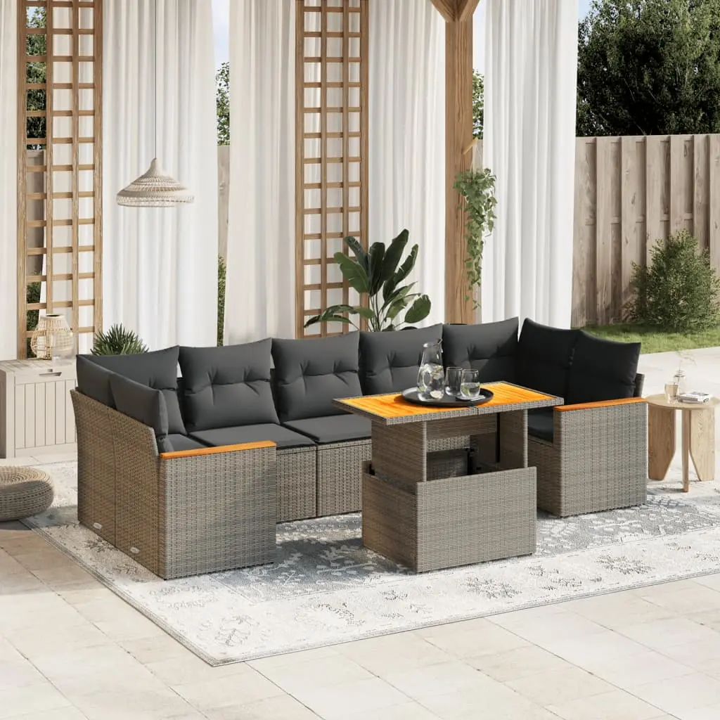 Set Divano da Giardino 8 pz con Cuscini Grigio in Polyrattan