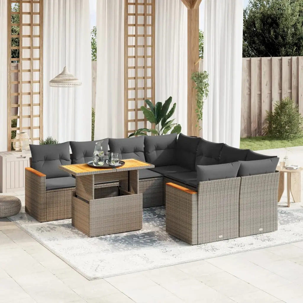 Set Divano da Giardino 9 pz con Cuscini Grigio in Polyrattan