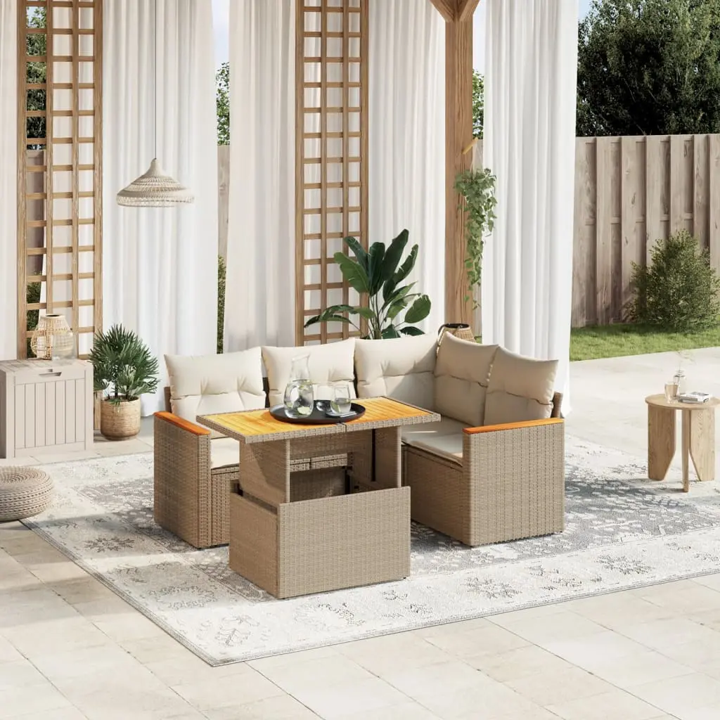 Set Divano da Giardino 5 pz con Cuscini Beige in Polyrattan