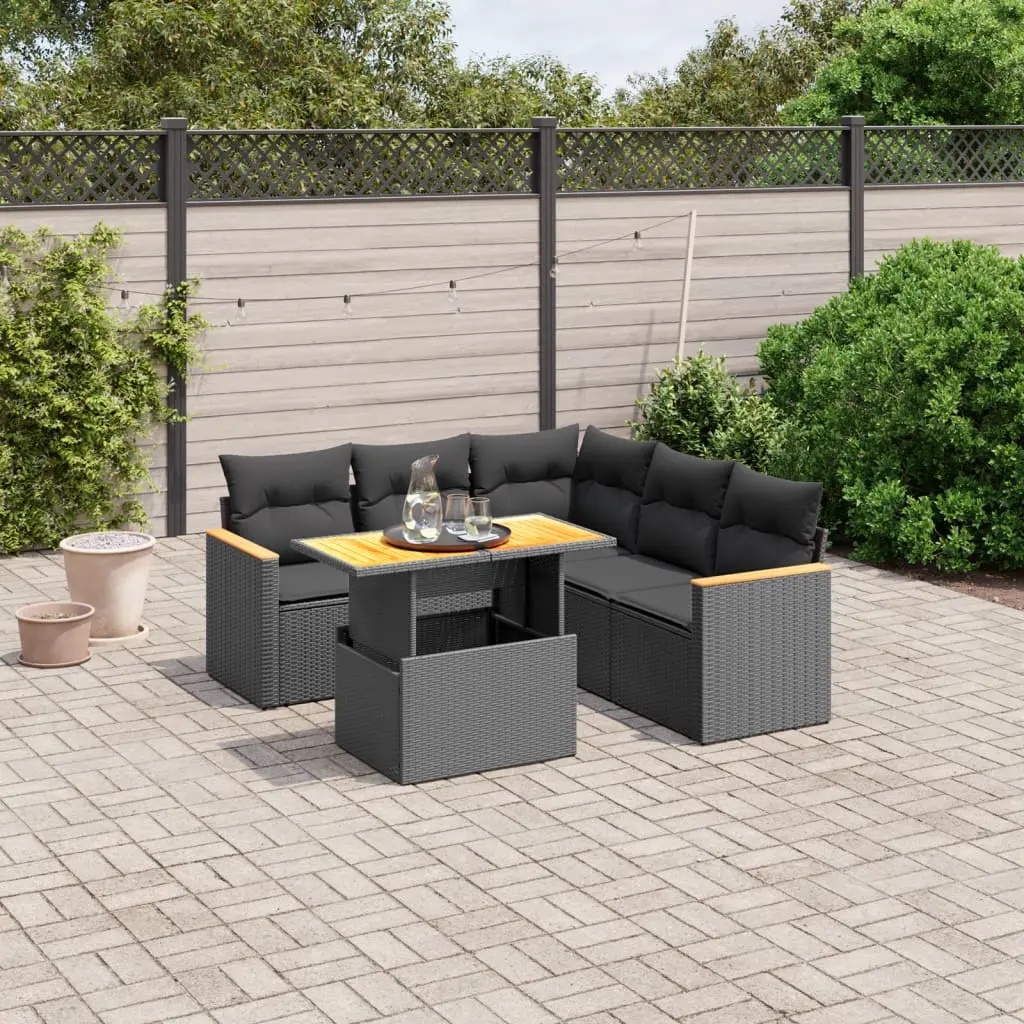 Set Divano da Giardino 6 pz con Cuscini Nero in Polyrattan